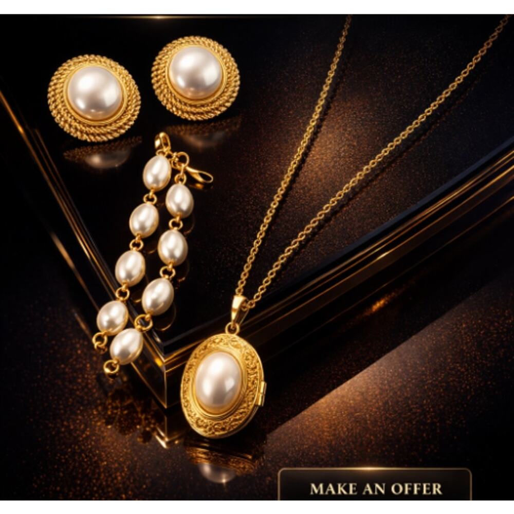 Vtg Park Lane Memories Gold Tone Pearl Locket Bracelet & Pierced Earring Set NEW